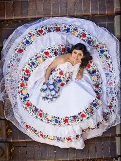 Mexican Themed White Sweet 16 Quinceanera Dress Two Layers Colorful Embroidered Flowers with Lace