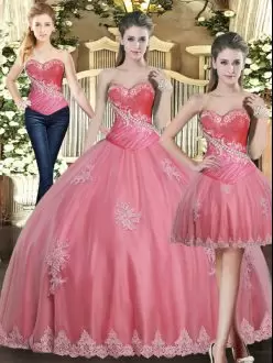 Rose Pink Ball Gowns Beading and Appliques 15th Birthday Dress Lace Up Tulle Sleeveless Floor Length