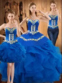 Flare Blue Sweetheart Lace Up Embroidery and Ruffles Sweet 16 Dresses Sleeveless