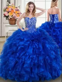 Pretty Royal Blue Sleeveless With Train Beading and Ruffles Lace Up Sweet 16 Dresses Sweetheart