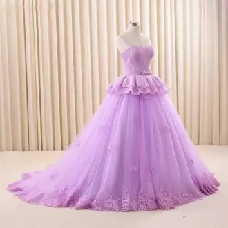 Best Selling Lavender Lace Up 15 Quinceanera Dress Bowknot and Belt Sleeveless With Train Sweep Train