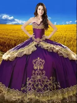 Purple Sleeveless Floor Length Beading and Embroidery Lace Up Quince Ball Gowns Sweetheart