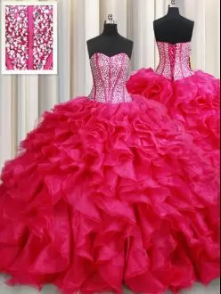 Flirting With Train Lace Up Sweet 16 Dress Coral Red for Military Ball and Sweet 16 and Quinceanera with Beading and Ruffles Brush Train