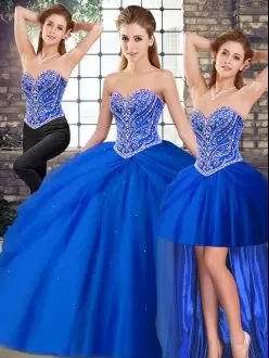 Unique Tulle Sweetheart Sleeveless Brush Train Lace Up Beading and Pick Ups 15 Quinceanera Dress in Royal Blue