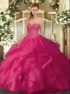 Fashion Sweetheart Sleeveless Lace Up Quinceanera Dresses Hot Pink Tulle Beading and Ruffles