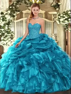 Teal Ball Gowns Organza Sweetheart Sleeveless Beading and Ruffles and Pick Ups Floor Length Lace Up 15th Birthday Dress