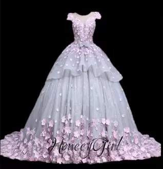 Elegant Pale Blue and Pink Flowers Off The Shoulder Quinceanera Dress with Bowknot and 3D Flowers Long Train