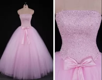 Pink A-line Beading 15 Quinceanera Dress Lace Up Tulle Sleeveless Floor Length