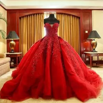 Elegant Puffy Red Ball Gowns Sweetheart Tulle Lace Up Quinceanera Dress with Train