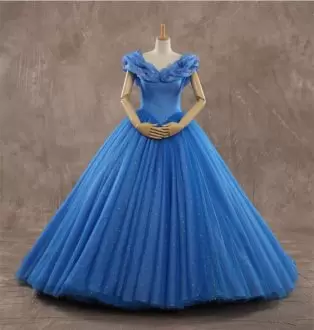 Cinderalla Style Ball Gown Sweet 16 Dress Sky Blue Sparkly Tulle Train