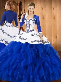 Enchanting Blue And White Satin and Organza Lace Up Strapless Sleeveless Floor Length 15th Birthday Dress Embroidery and Ruffles