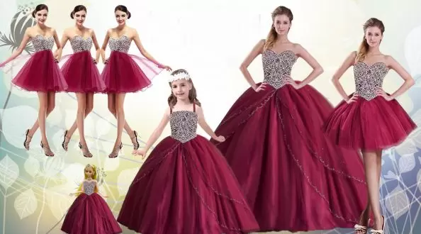 Red Ball Gowns Beading Quinceanera Dress Lace Up Tulle Sleeveless Floor Length