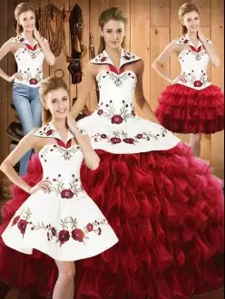 Fashion Floor Length Lace Up Quinceanera Gowns Wine Red for Military Ball and Sweet 16 and Quinceanera with Embroidery and Ruffled Layers