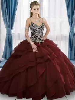 Ideal Burgundy Ball Gowns Spaghetti Straps Sleeveless Tulle Floor Length Lace Up Beading Quinceanera Gowns