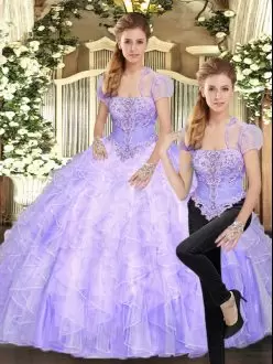 Tulle Strapless Sleeveless Lace Up Beading and Appliques and Ruffles Sweet 16 Quinceanera Dress in Lavender