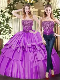 Tulle Strapless Sleeveless Lace Up Beading and Ruffled Layers Vestidos de Quinceanera in Eggplant Purple