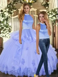 On Sale Halter Top Sleeveless Tulle Quinceanera Gowns Beading and Appliques Backless