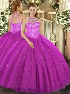 Designer Fuchsia Tulle Lace Up Halter Top Sleeveless Floor Length Quinceanera Dresses Beading and Embroidery and Sequins