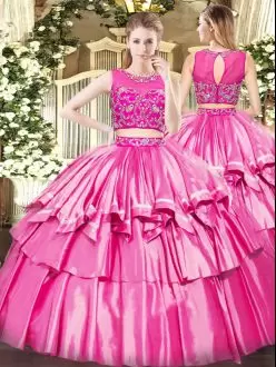 Modern Rose Pink Sleeveless Tulle Zipper 15 Quinceanera Dress for Military Ball and Sweet 16 and Quinceanera