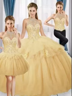 Sleeveless Floor Length Beading and Appliques Zipper Sweet 16 Dress with Gold