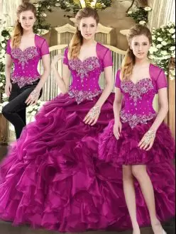 Fuchsia Three Pieces Organza Sweetheart Sleeveless Beading and Ruffles and Pick Ups Floor Length Lace Up Vestidos de Quinceanera