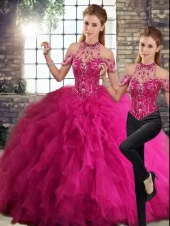 Fuchsia Lace Up Quinceanera Dresses Beading and Ruffles Sleeveless Floor Length