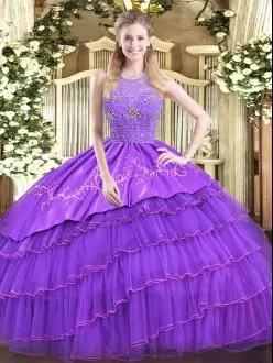 Halter Top Sleeveless Quince Ball Gowns Floor Length Beading and Embroidery and Ruffled Layers Lavender Satin and Tulle