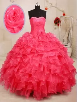 Coral Red Sleeveless Beading and Ruffles and Sequins and Hand Made Flower Floor Length Quinceanera Gowns
