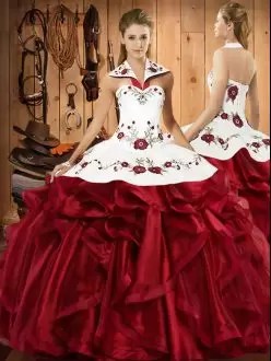 Wine Red Halter Top Neckline Embroidery and Ruffles Quinceanera Dresses Sleeveless Lace Up