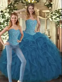Sweetheart Sleeveless Lace Up Quinceanera Dress Teal Tulle Beading and Ruffles