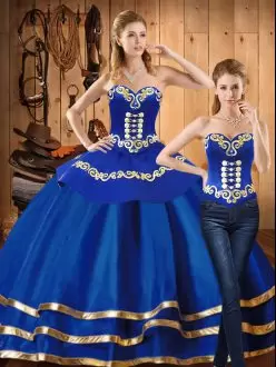 Dramatic Sweetheart Long Sleeves Lace Up Ball Gown Prom Dress Blue Satin and Tulle Embroidery
