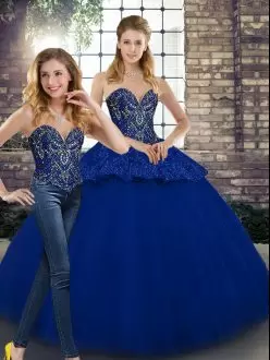 Floor Length Royal Blue Quinceanera Dresses Sweetheart Sleeveless Lace Up