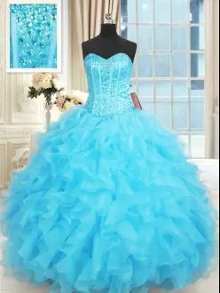 Aqua Blue Sweetheart Neckline Beading and Ruffles and Ruffled Layers Quinceanera Gowns Sleeveless Lace Up