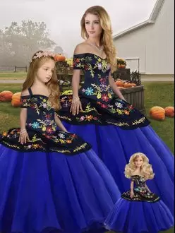 Fashionable Royal Blue Sweet 16 Quinceanera Dress Military Ball and Sweet 16 and Quinceanera with Embroidery Off The Shoulder Sleeveless Lace Up