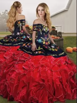 Black  Red Quinceanera Dress with Colorful Embroidery and Ruffles Quinceanera Dress Off the Shoulder Floor Length
