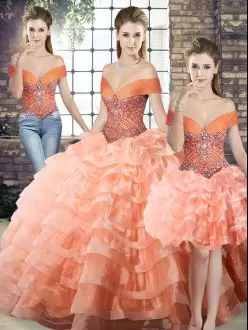 Extravagant Peach Sleeveless Brush Train Beading and Ruffled Layers Ball Gown Prom Dress