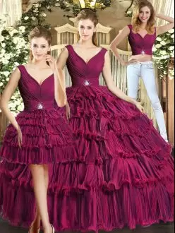 Beautiful Burgundy Sleeveless Floor Length Ruffled Layers Backless Quince Ball Gowns V-neck