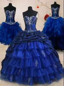 High End Organza and Taffeta Sleeveless With Train Sweet 16 Dress Brush Train and Beading and Ruffled Layers and Pick Ups