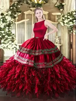 New Style Ball Gowns Quinceanera Dresses Wine Red Scoop Satin and Organza Sleeveless Floor Length Clasp Handle
