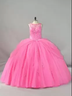 Rose Pink Lace Up Quince Ball Gowns Beading and Appliques Sleeveless Brush Train