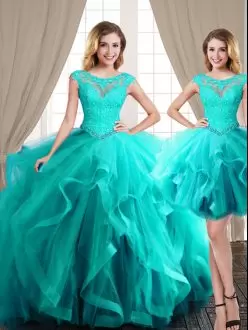 Chic Aqua Blue 15th Birthday Dress Military Ball and Sweet 16 and Quinceanera with Beading and Appliques and Ruffles Scoop Cap Sleeves Brush Train Lace Up