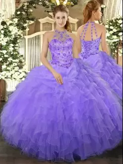 Designer Lavender Organza Lace Up 15 Quinceanera Dress Sleeveless Floor Length Beading and Ruffles