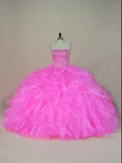 Super Pink Ball Gowns Organza Poofy Beading and Ruffles Long Ball Gown Quince Dress