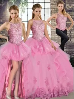 Rose Pink 15 Quinceanera Dress Military Ball and Sweet 16 and Quinceanera with Lace and Embroidery and Ruffles Scoop Sleeveless Lace Up
