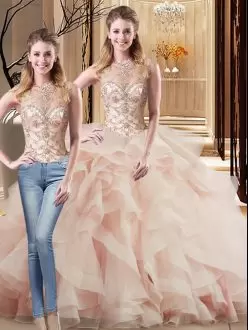 Fantastic Lace Up Quinceanera Dresses Peach for Military Ball and Sweet 16 and Quinceanera with Beading and Ruffles Brush Train
