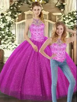 Wonderful Fuchsia Sleeveless Beading Floor Length Quinceanera Dresses