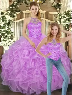 Lovely Lilac Two Pieces Tulle Halter Top Sleeveless Beading and Ruffles Floor Length Lace Up Quinceanera Gowns