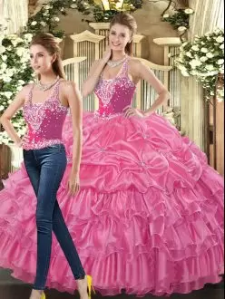 Tulle Straps Sleeveless Lace Up Beading and Ruffles and Pick Ups Sweet 16 Dresses in Hot Pink
