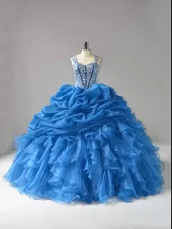 Blue Straps Lace Up Beading and Ruffles 15th Birthday Dress Sleeveless