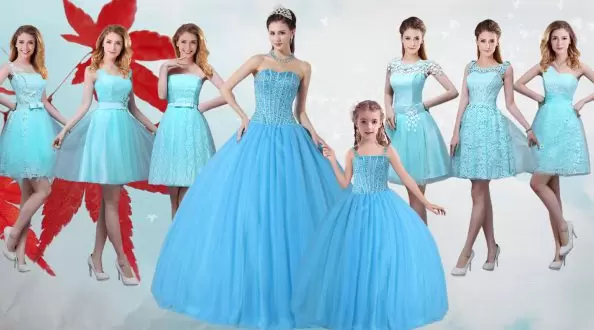 Romantic Baby Blue Tulle Lace Up Quince Ball Gowns Sleeveless Floor Length Beading